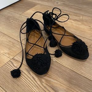 Aquazzura Black Suede Lace-Up Pom Pom Flats